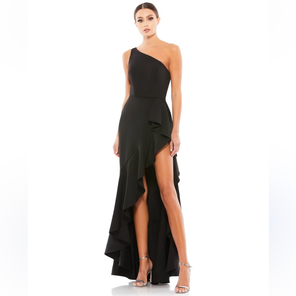 Mac Duggal  One-Shoulder Evening Gown Featuring a Ruffled High-Low Hemline